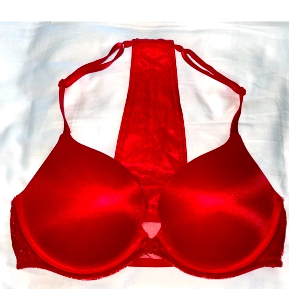 NEW VS Very Sexy Push Up Bra Gel Padded Racerback Velvet‎ Shine Shimmer Red 32C